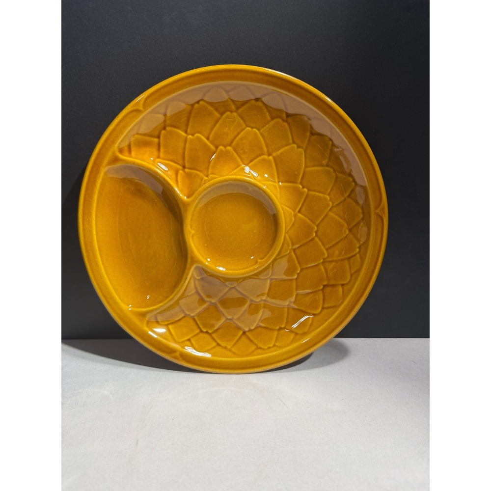 Vintage Salins France Artichoke Plate Mustard Yellow Ceramic Petal Serving Dish